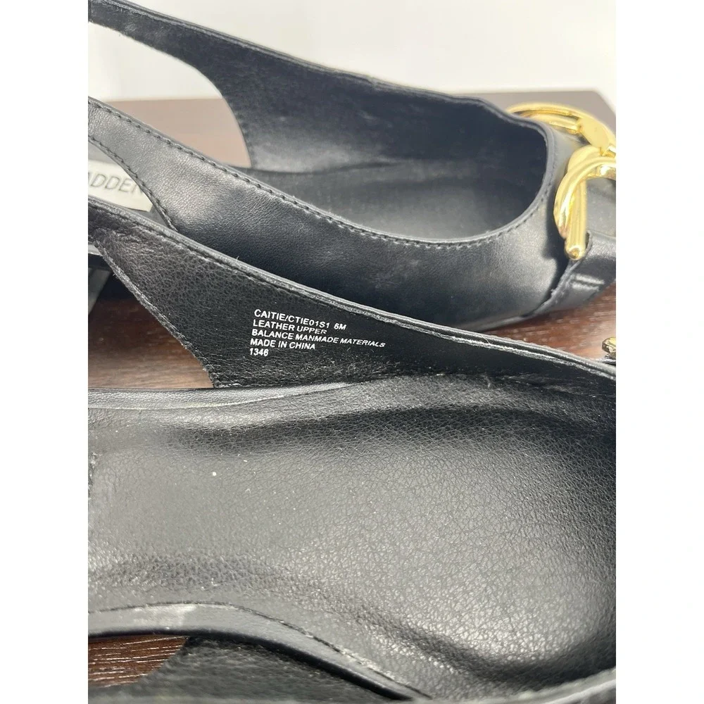 Steve Madden Womens Caitie Size 6 Leather Slingback Low Heel Black Gold Hardware